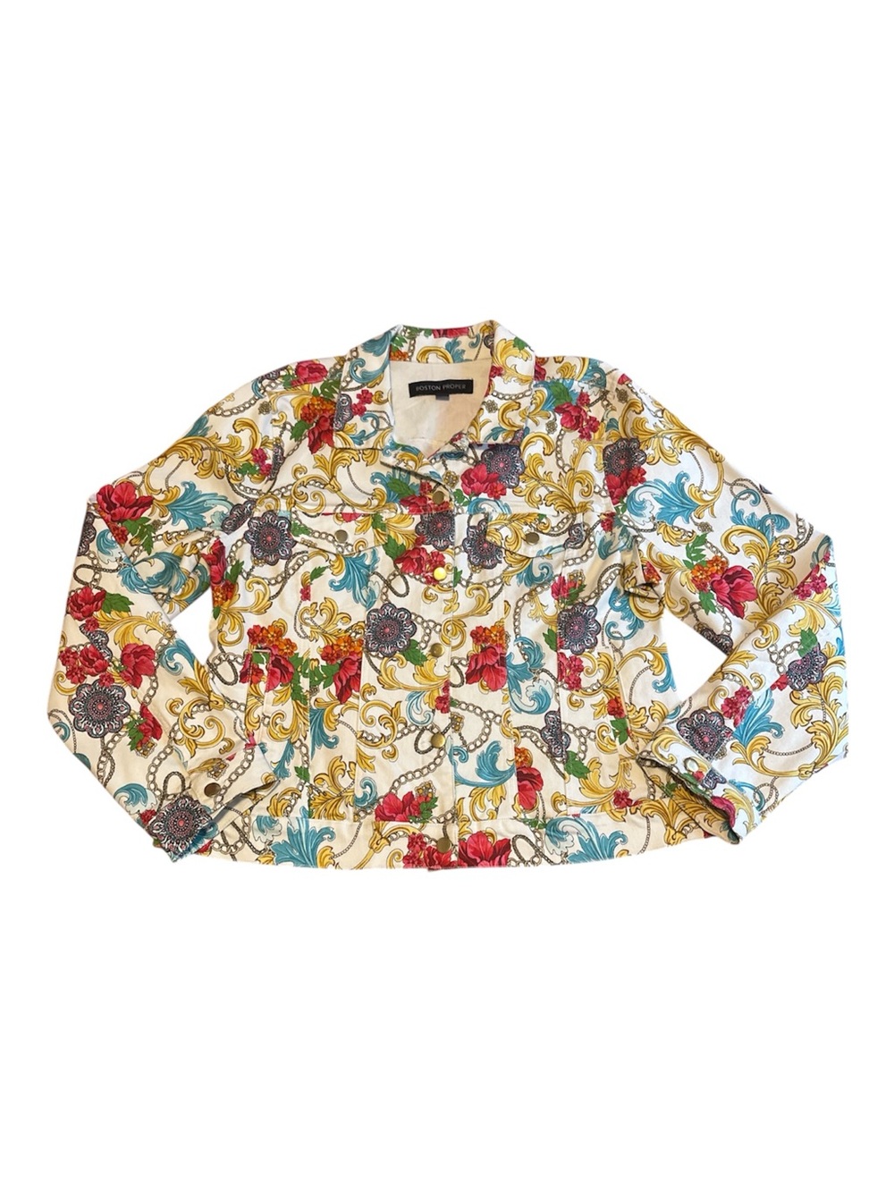 Boston Proper Medallion Chain Print Denim Jacket Womens Size XL